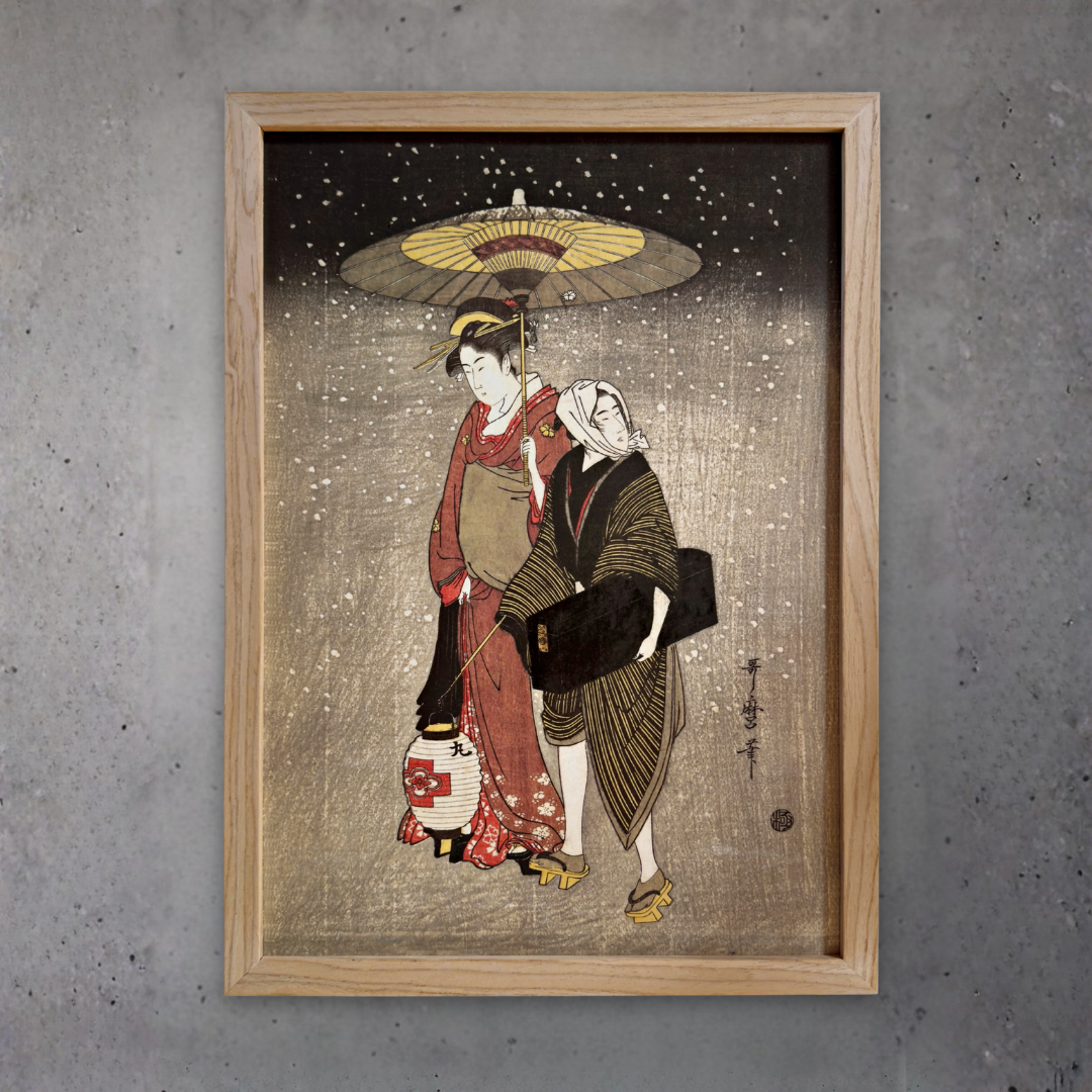 Framed Art Print - Geisha Walking through the Snow at Night by Kitagawa Utamaro