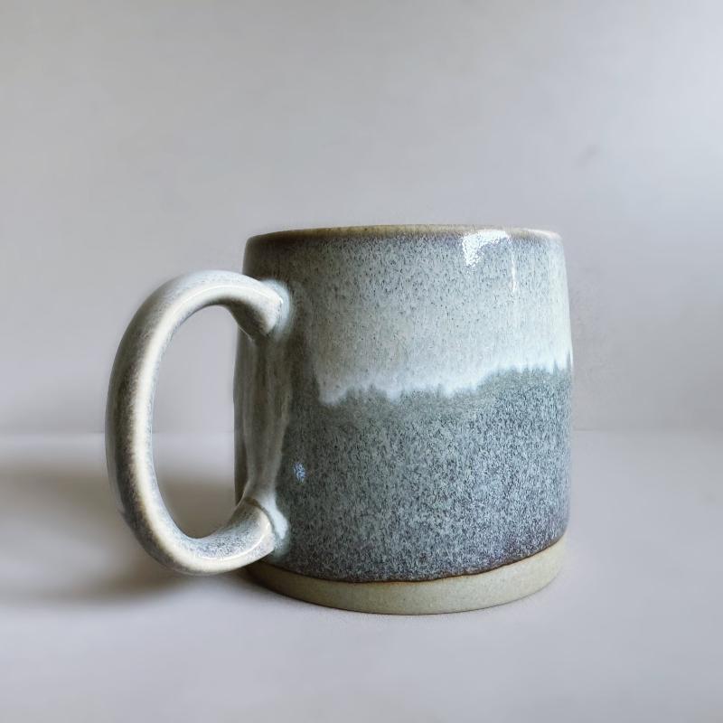 Handcrafted large Japanese mug in grey glaze with a large handle. Made in Gifu prefecture, Japan.