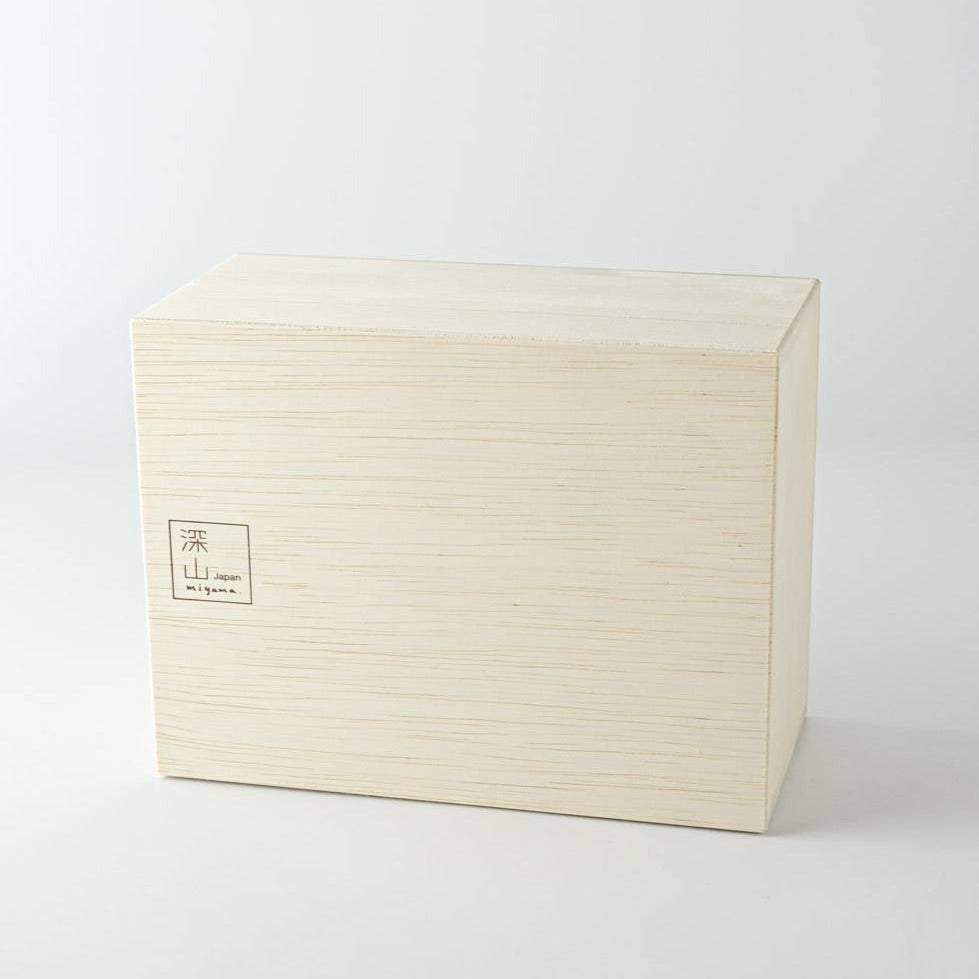 Miyama white porcelain sake set, comes with 1 sake pourer and 2 cups in a wooden gift box. Made in Gifu prefecture, Japan. Mino ware. Available at Toka Ceramics.