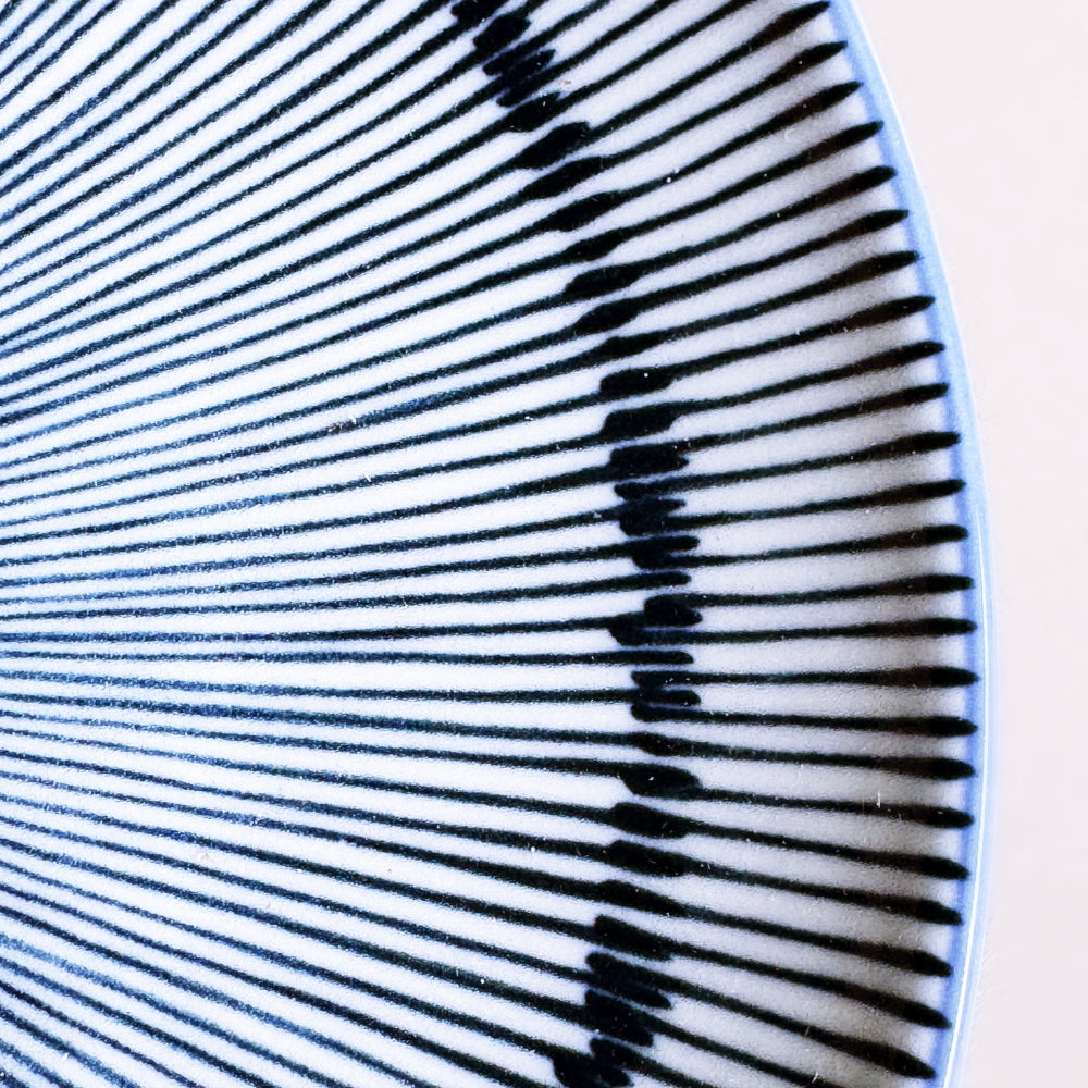 Japanese porcelain plate with blue Tokusa pattern. Made in Japan, Mino ware. Available at Toka Ceramics.