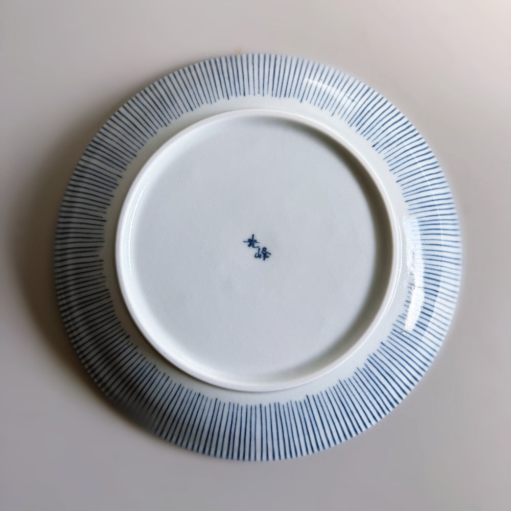 Japanese porcelain plate with blue Tokusa pattern. Made in Japan, Mino ware. Available at Toka Ceramics.