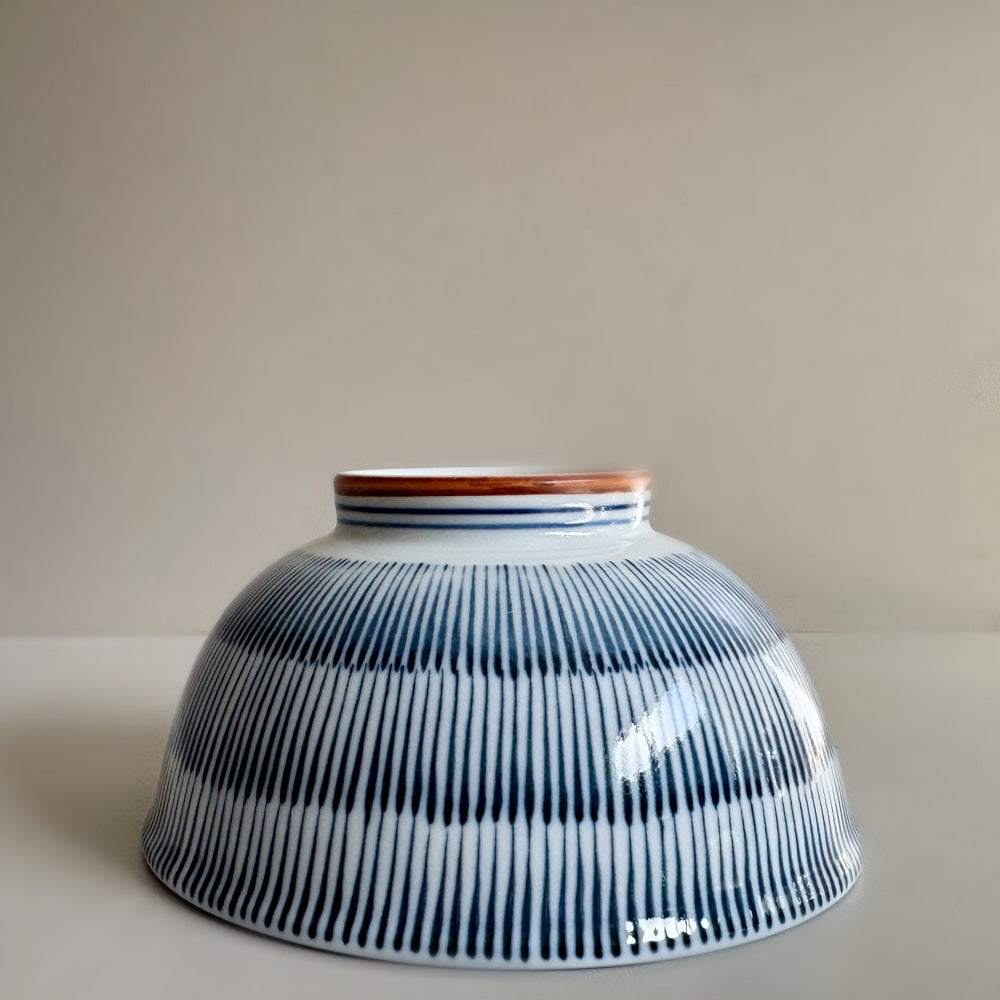 Japanese porcelain rice bowl with blue tokusa pattern. Made in Japan, Mino ware. Available at Toka Ceramics