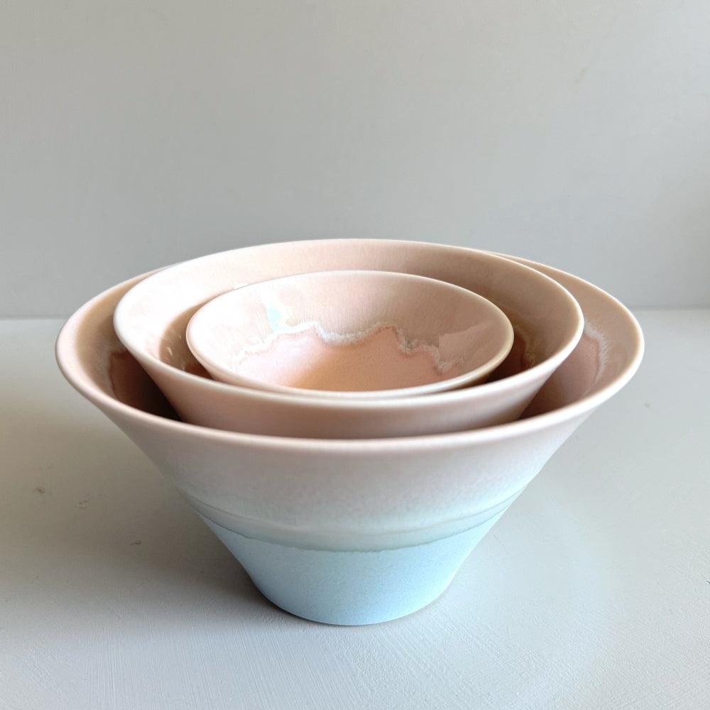 Sinkogama handcrafted small bowl in charming pastel pink and blue colour, made in Gifu, Japan. Unique three-glaze design, adds durability. Available at Toka Ceramics.