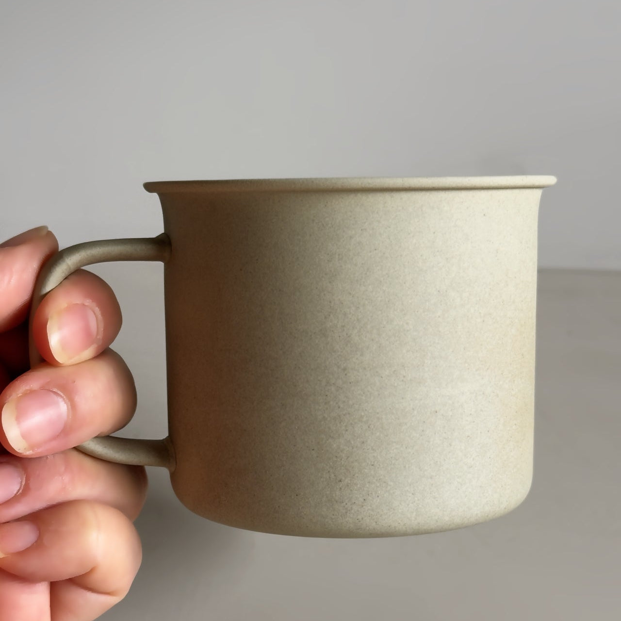 Hand holding a beige ceramic mug against a plain background