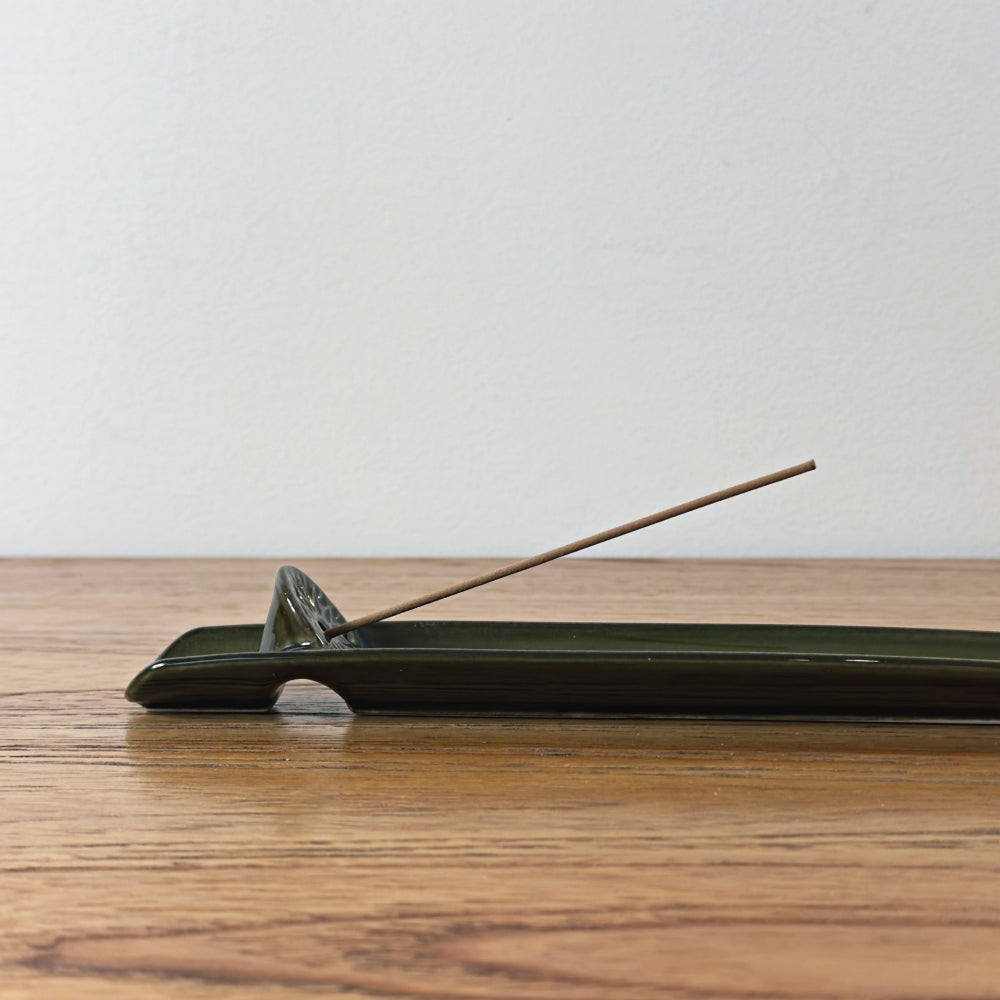 Asumi Incense Holder Olive. Made in Japan using recycled clay. Mino Ware. Available at Toka Ceramics.