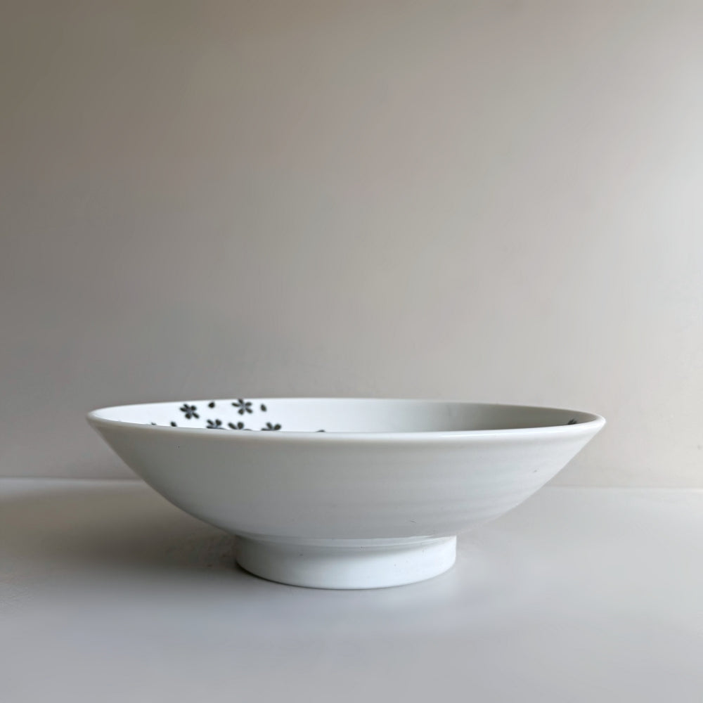 Large white porcelain bowl with cherry blossom motifs. Mino Ware. Available at Toka Ceramics.