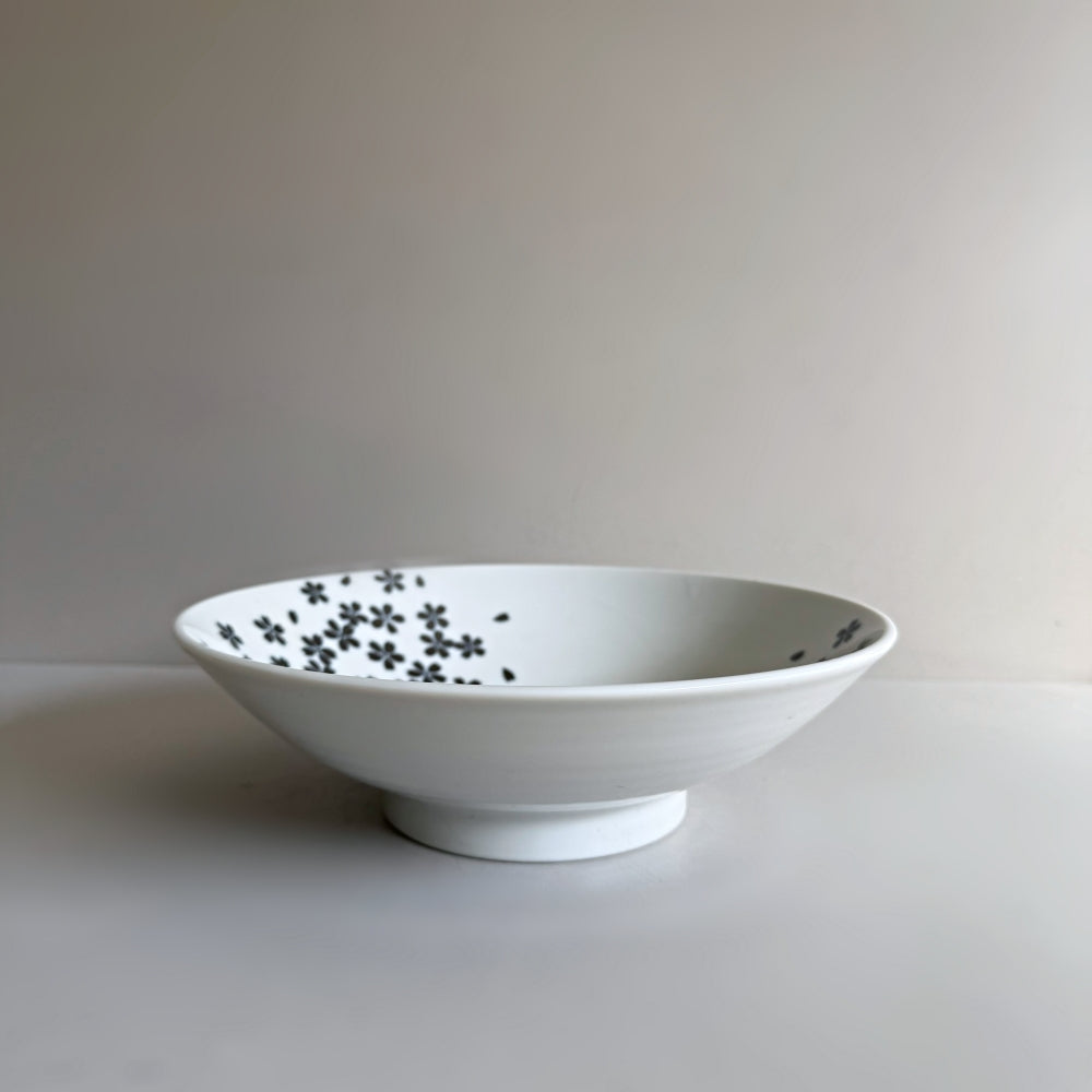 Large white porcelain bowl with cherry blossom motifs. Mino Ware. Available at Toka Ceramics.