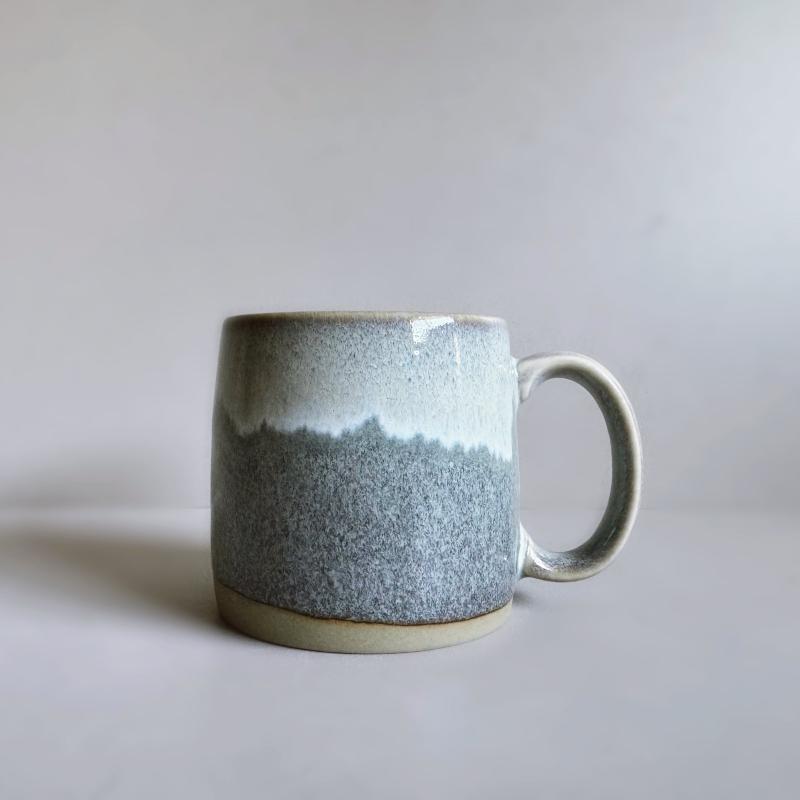 Handcrafted large Japanese mug in grey glaze with a large handle. Made in Gifu prefecture, Japan.