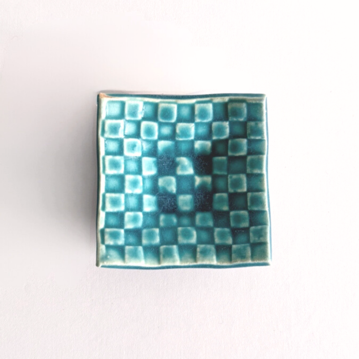 Shoyogama Mamezara Mini Curved Plate in Teal Glaze. Handcrafted in Hyogo Prefecture, Japan. Tamba Ware. Available at Toka Ceramics.