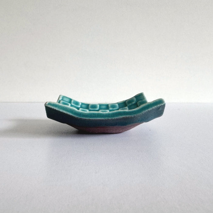 Shoyogama Mamezara Mini Curved Plate in Teal Glaze. Handcrafted in Hyogo Prefecture, Japan. Tamba Ware. Available at Toka Ceramics.