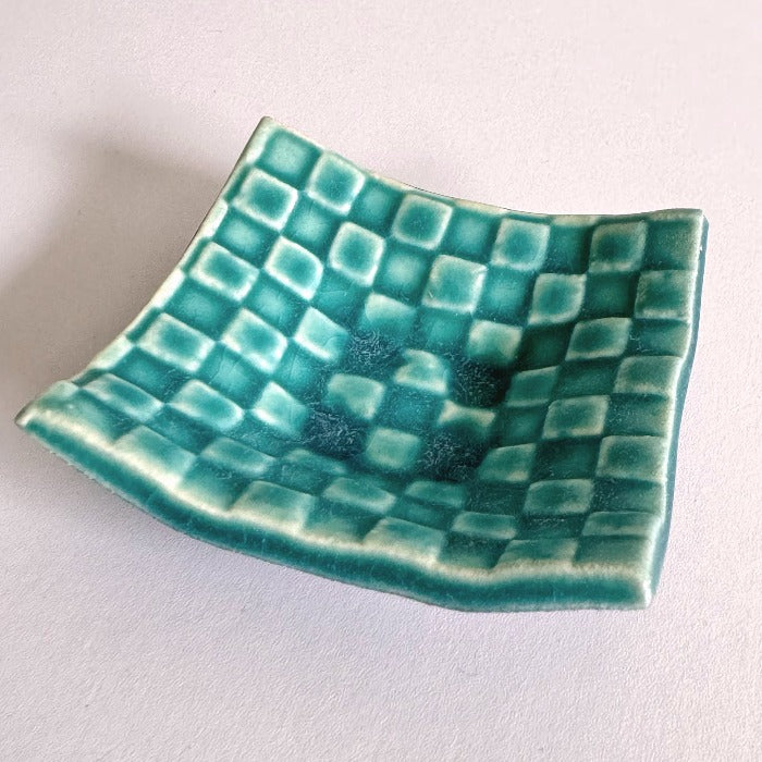 Shoyogama Mamezara Mini Curved Plate in Teal Glaze. Handcrafted in Hyogo Prefecture, Japan. Tamba Ware. Available at Toka Ceramics.