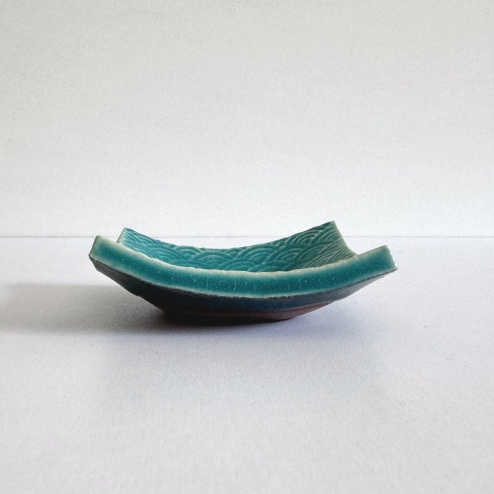 Shoyogama Mamezara Mini Curved Plate in Teal Glaze. Handcrafted in Hyogo Prefecture, Japan. Tamba Ware. Available at Toka Ceramics.