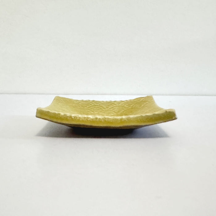 Shoyogama Mamezara Mini Curved Plate in Yellow Yuzu Glaze. Handcrafted in Hyogo Prefecture, Japan. Tamba Ware. Available at Toka Ceramics.