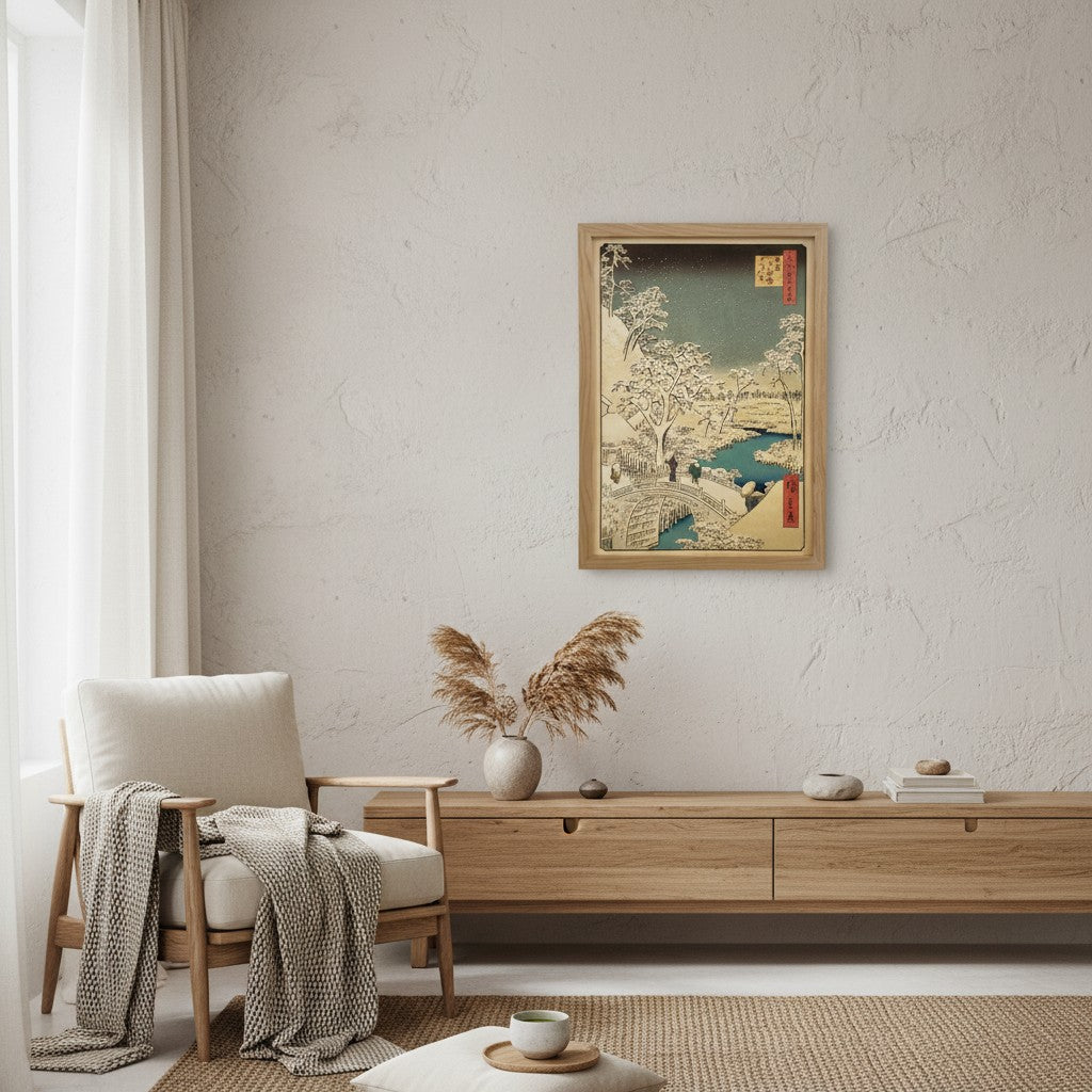 Framed Art Print - Meguro Drum Bridge and Sunset Hill by Utagawa Hiroshige