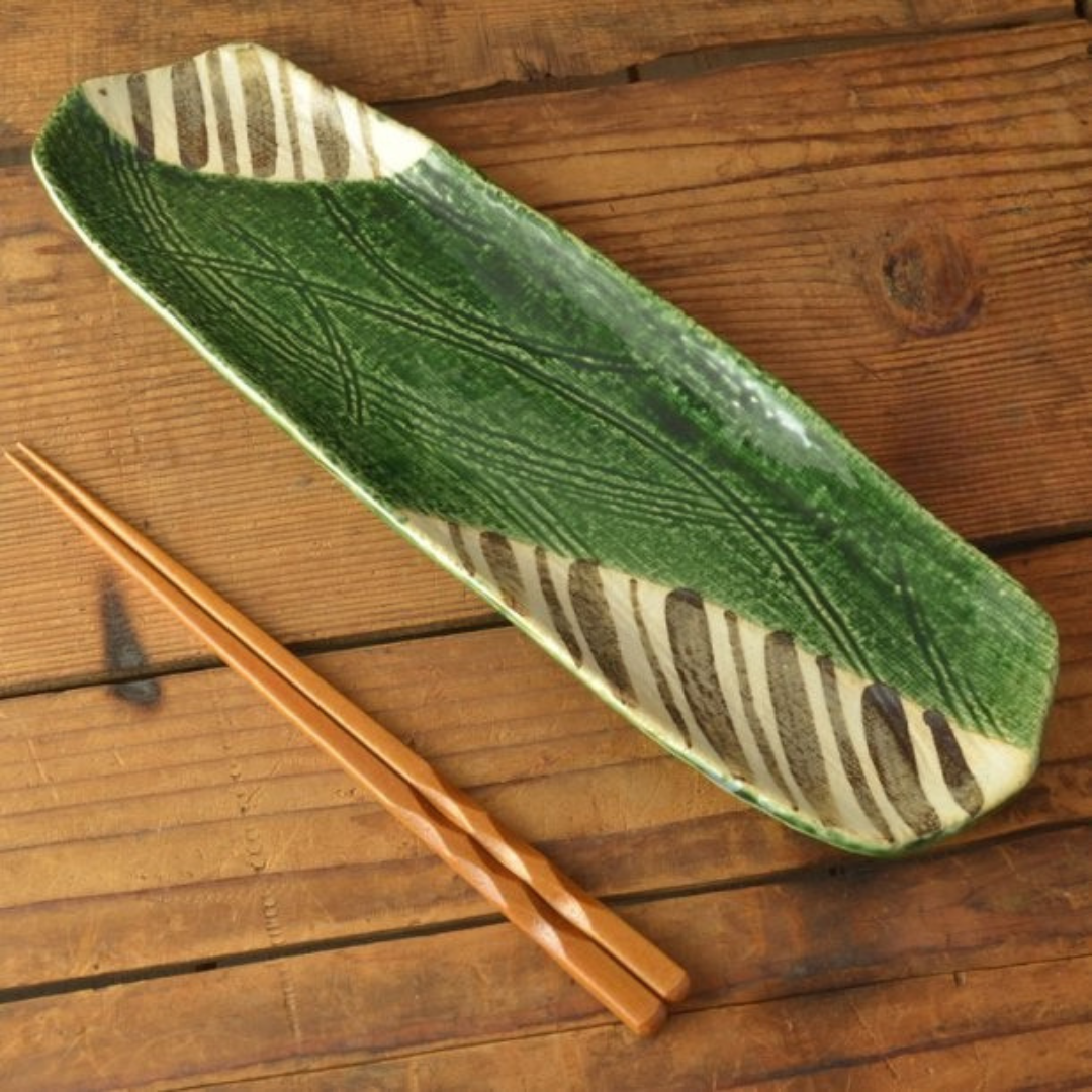 Oribe Tokusa Long Platter 34cm. Made in Japan, Mino ware. Avaialble at Toka Ceramics.