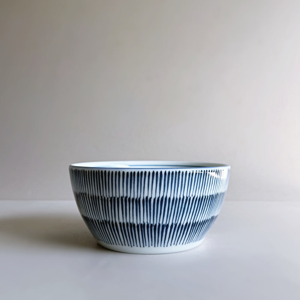 Japanese porcelain bowl with blue tokusa pattern. Made in Japan, Mino ware. Available at Toka Ceramics.
