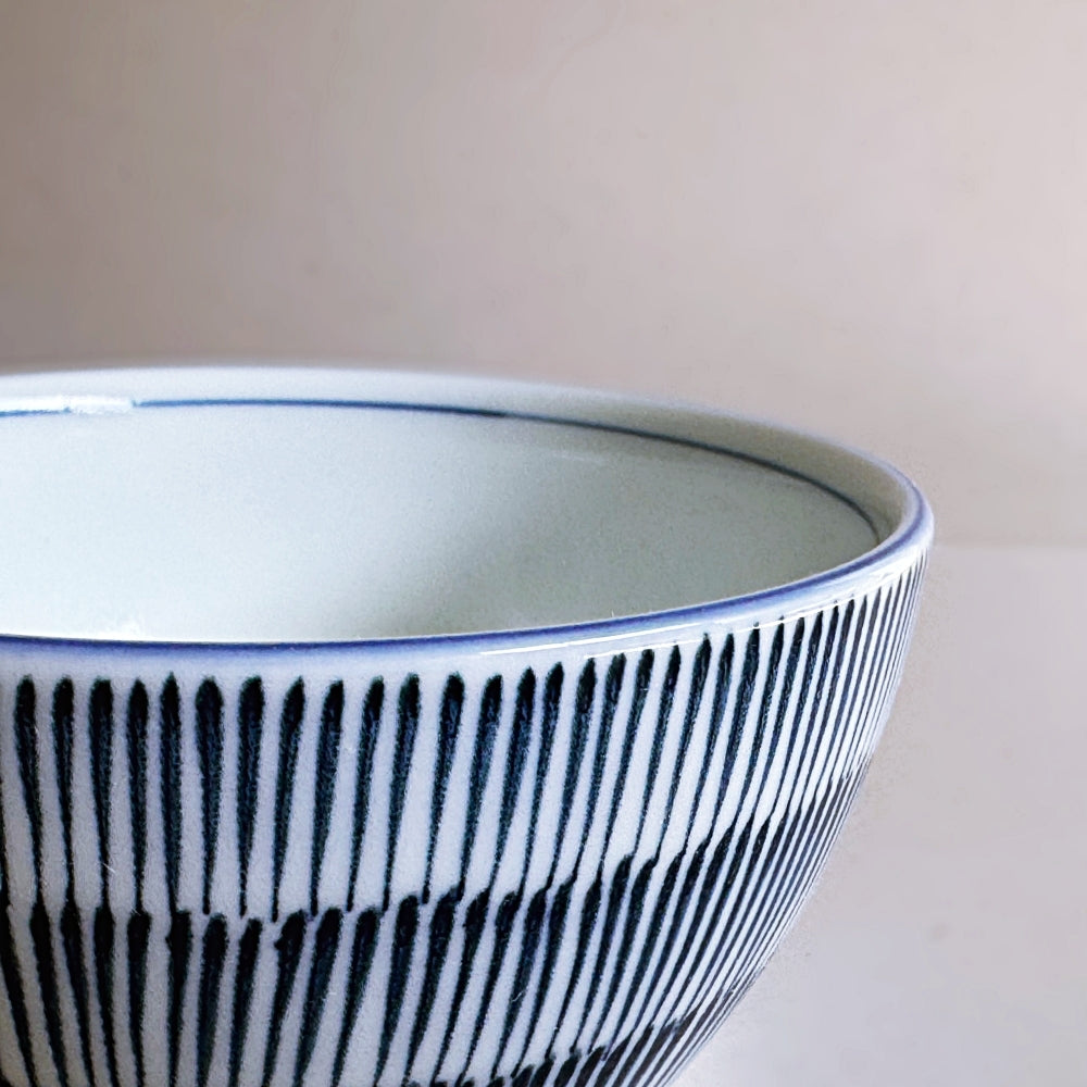 Japanese porcelain bowl with blue tokusa pattern. Made in Japan, Mino ware. Available at Toka Ceramics.