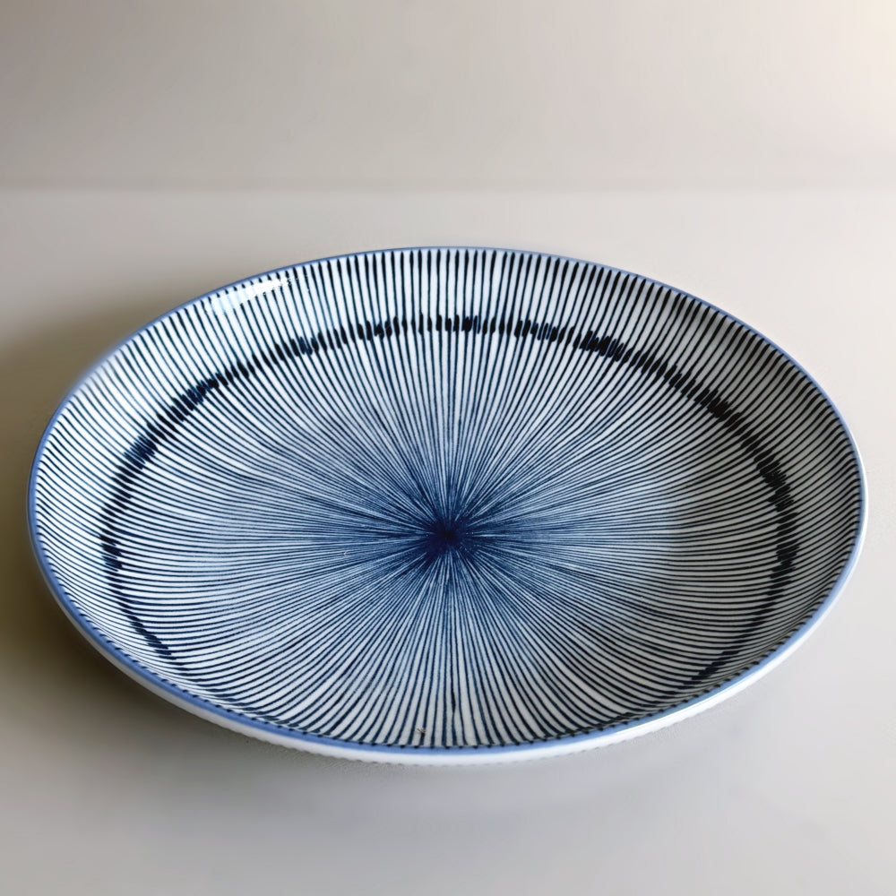 Japanese porcelain plate with blue Tokusa pattern. Made in Japan, Mino ware. Available at Toka Ceramics.