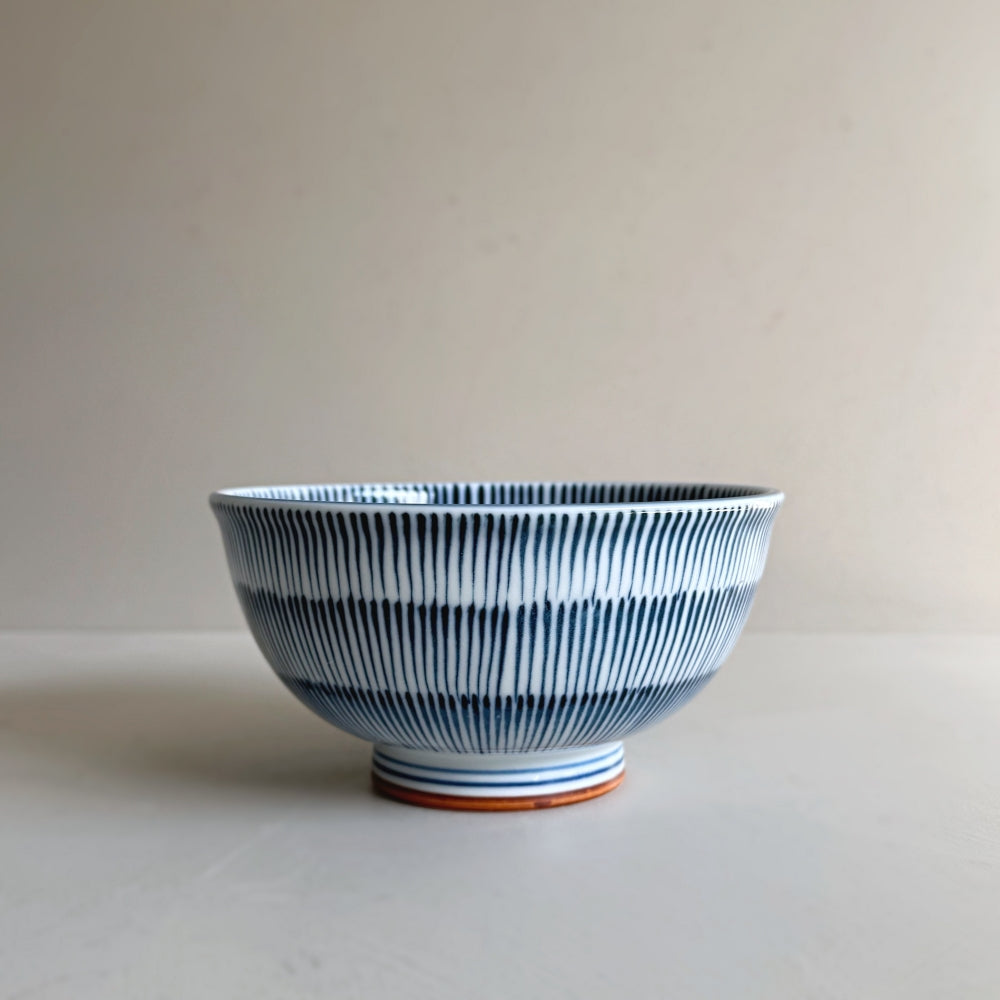 Japanese porcelain rice bowl with blue tokusa pattern. Made in Japan, Mino ware. Available at Toka Ceramics