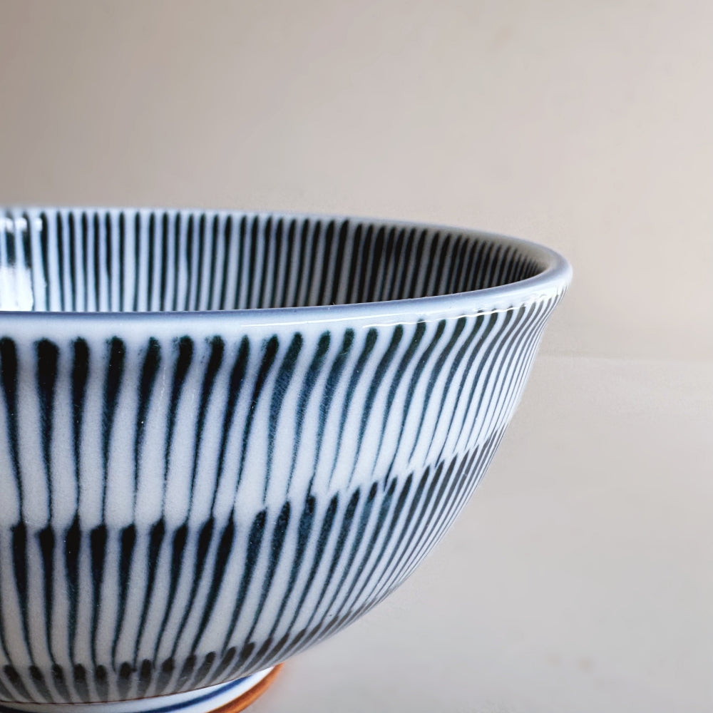 Japanese porcelain rice bowl with blue tokusa pattern. Made in Japan, Mino ware. Available at Toka Ceramics