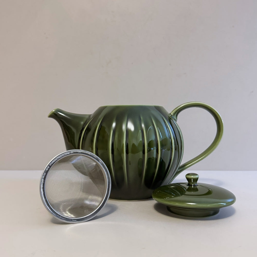 Shinogi Teapot in oribe green glaze, 750ml capacity. Mino ware, made in Japan. Available at Toka Ceramics.