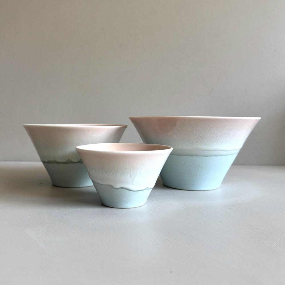 Sinkogama handcrafted small bowl in charming pastel pink and blue colour, made in Gifu, Japan. Unique three-glaze design, adds durability. Available at Toka Ceramics.