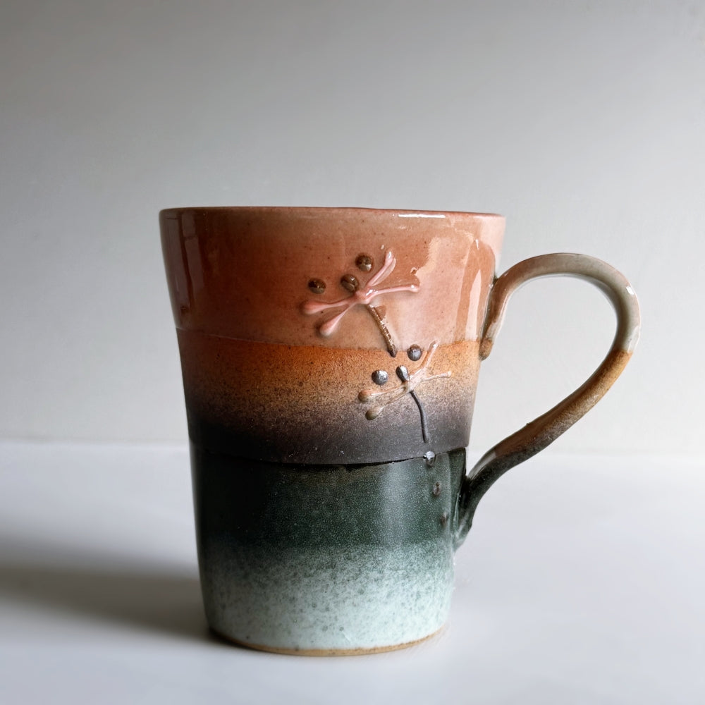 Japanese handmade mug with dragonfly motif. Made in Japan, Mino Ware. Available at Toka Ceramics.