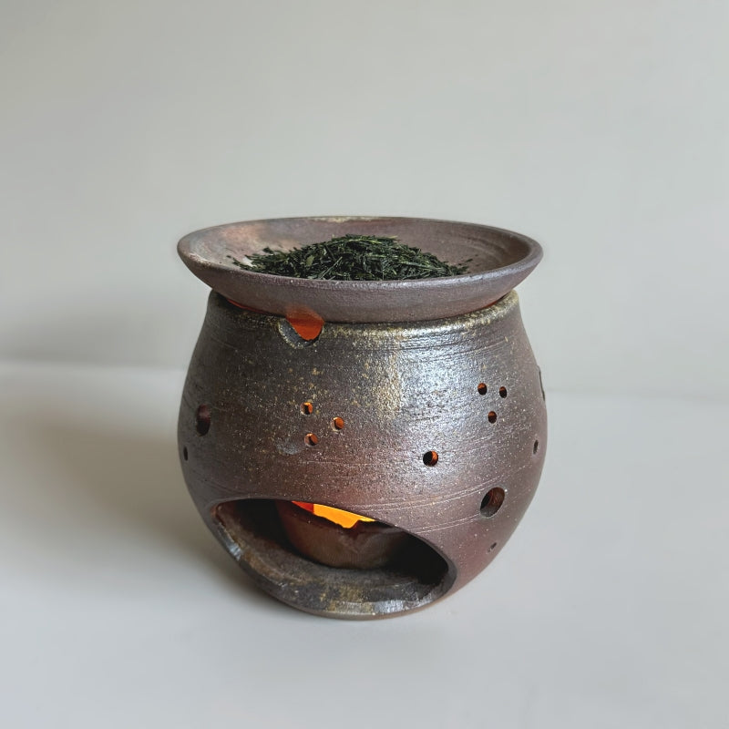 Handcrafted Cha Kouro, tea incense burner by Tsugaru Kanayama Pottery in Japan, featuring earthy unglazed surface. 