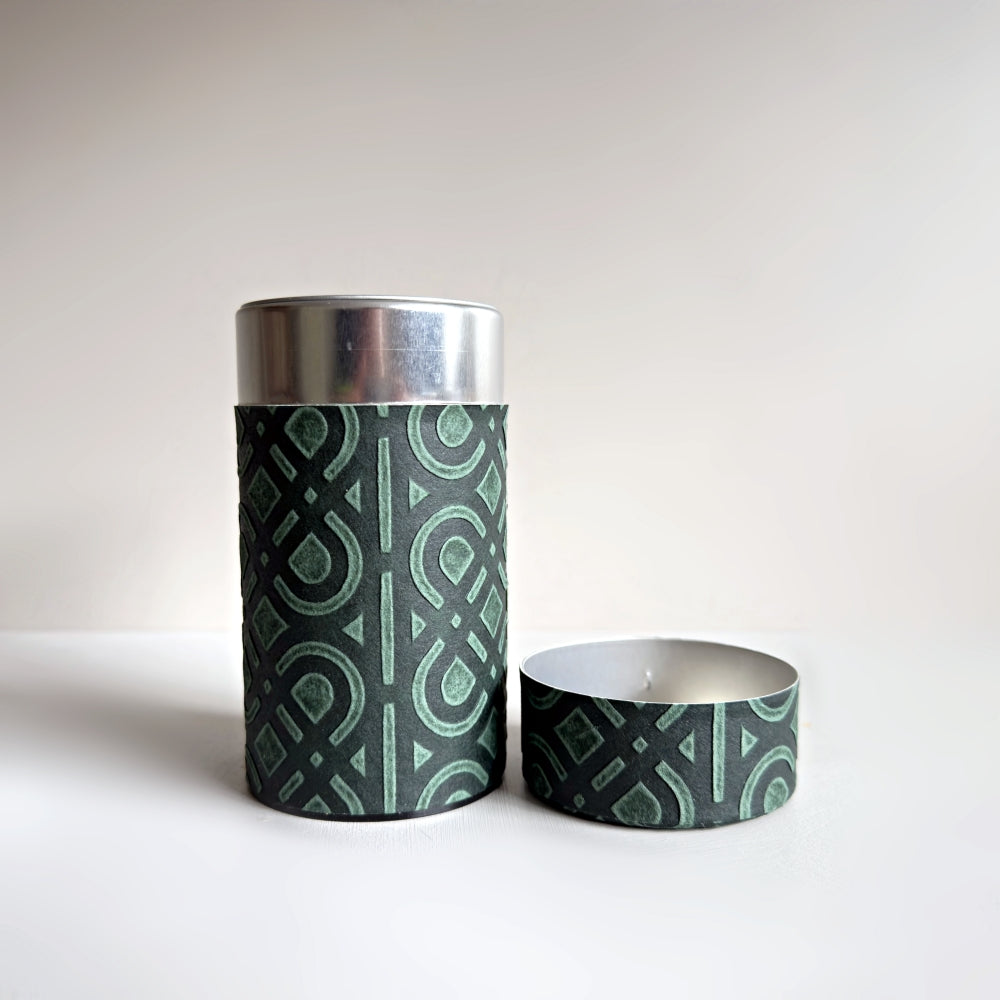 Yamatsugi Washi Studio - Ukigami tea canister in dark green. Medium size. Available at Toka Ceramics.