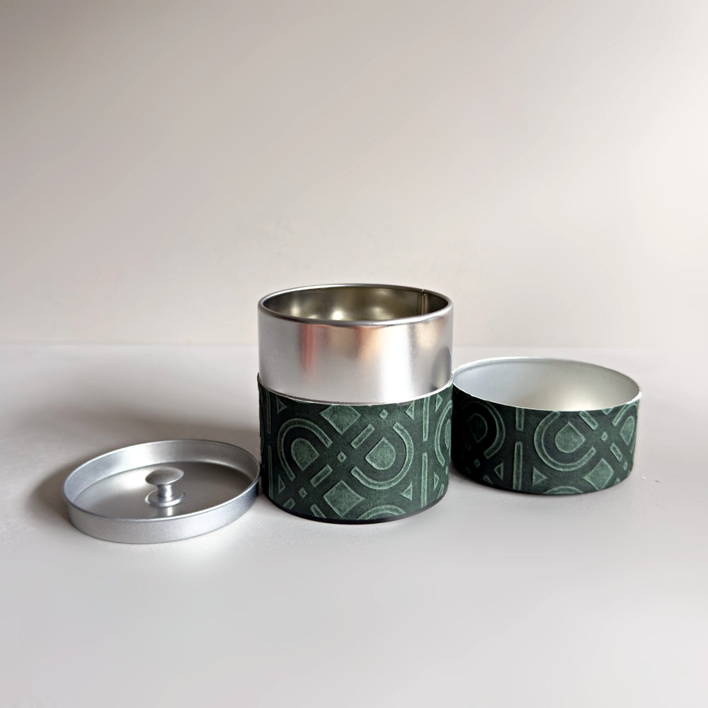 Yamatsugi Washi Studio - Ukigami tea canister in dark green. Small size. Available at Toka Ceramics.