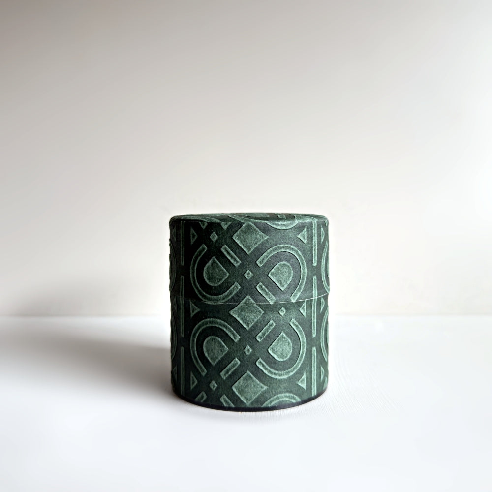 Yamatsugi Washi Studio - Ukigami tea canister in dark green. Small size. Available at Toka Ceramics.