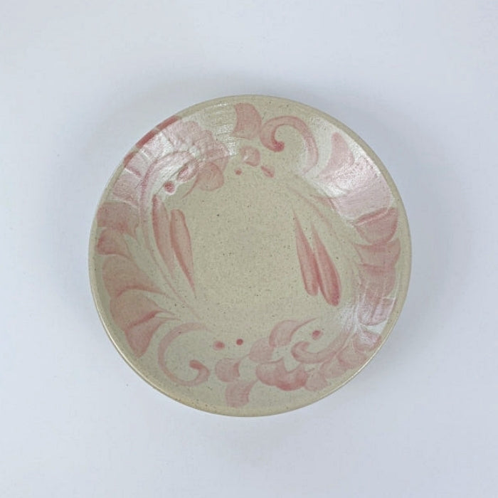 Yachimun Yonamine pastel pink plate 15cm diameter, handcrafted in Okinawa, Japan. Available at Toka Ceramics.