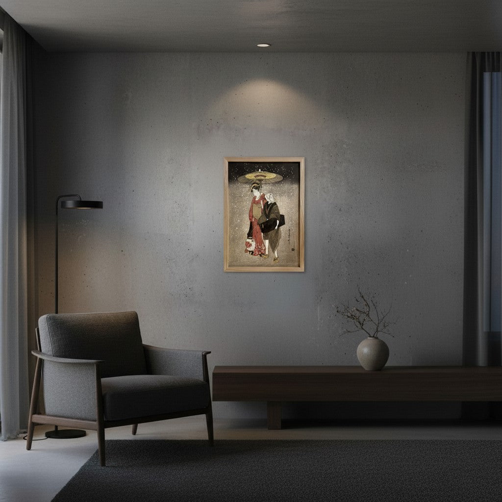 Framed Art Print - Geisha Walking through the Snow at Night by Kitagawa Utamaro