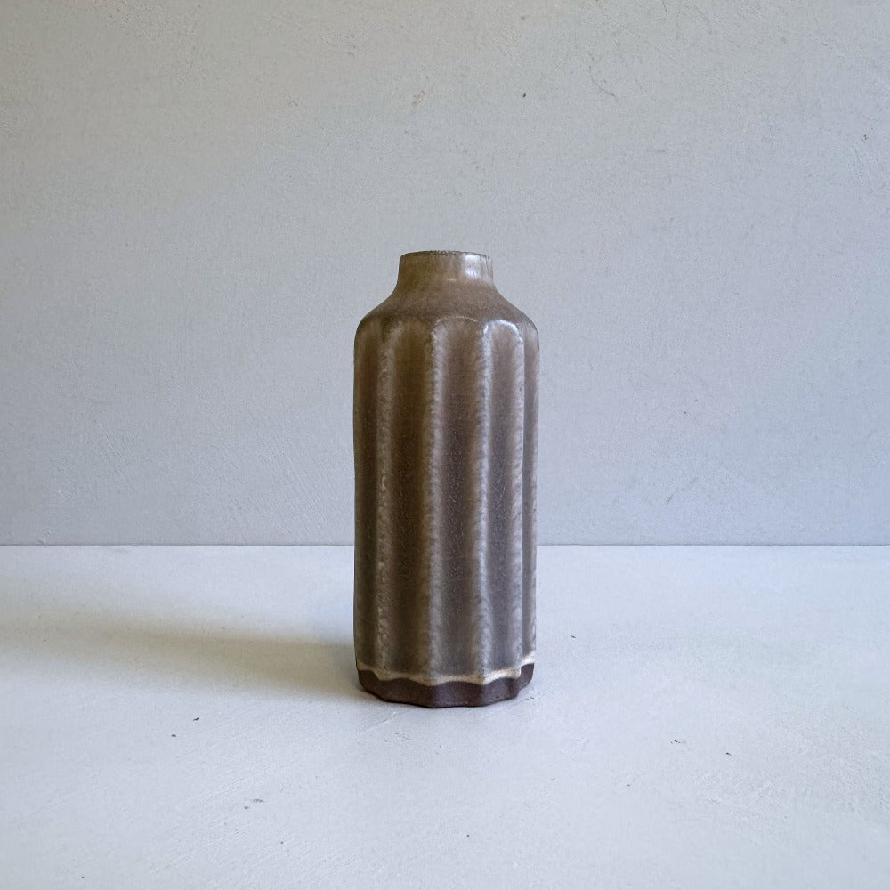 Small pottery stem vase in chestnut brown glaze. Handcrafted in Japan, Tambwa Ware. Available at Toka Ceramics.