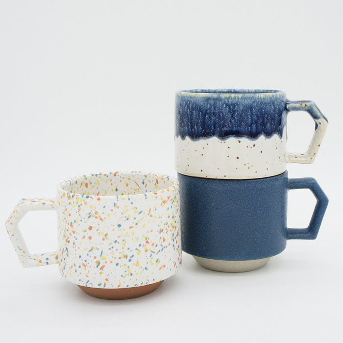 Handmade Minoware Stackable Mug in White / Navy Drops by Chips Japan. Available at Toka Ceramics Australia.