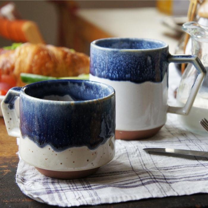 Handmade Minoware Stackable Mug in White / Navy Drops by Chips Japan. Available at Toka Ceramics Australia.