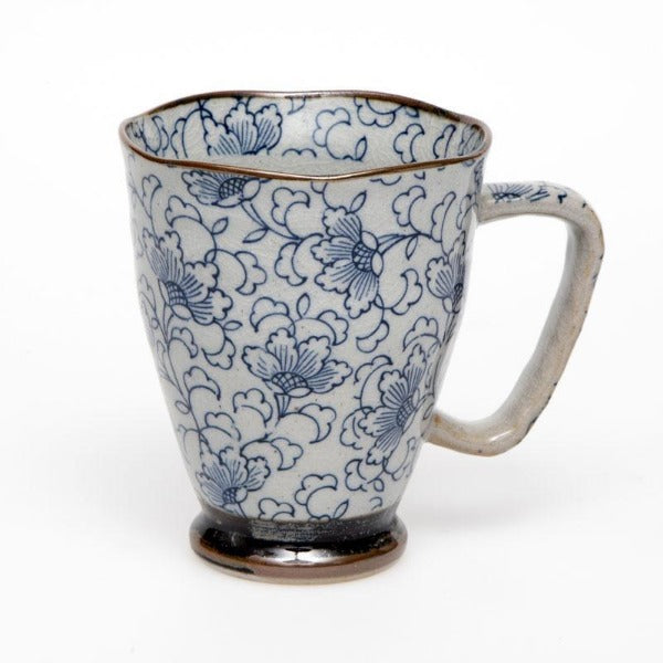 Japanese Mino Ware Large Floral Pattern Mug in Blue and White.