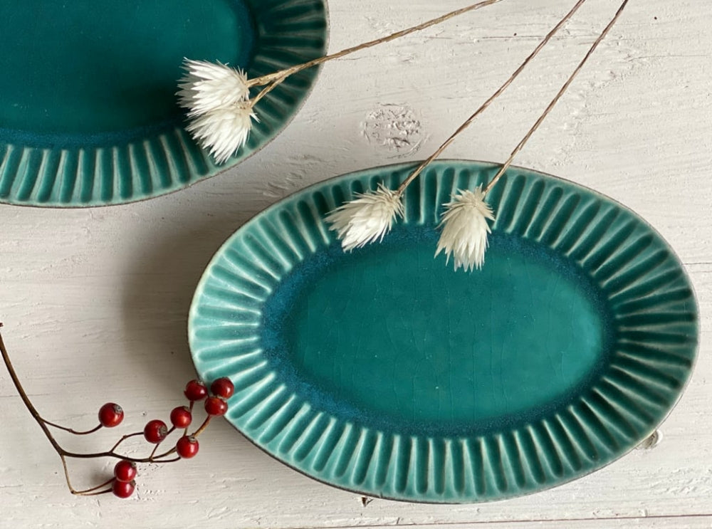 Shoyo Gama Small Teal Oval Plate - Toka Ceramics