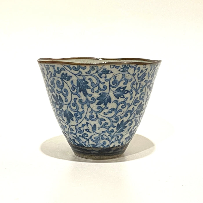 Karakusa pattern wide rim tea cup. Made in Gifu prefecture in Japan. Mino Ware. Available at Toka Ceramics.